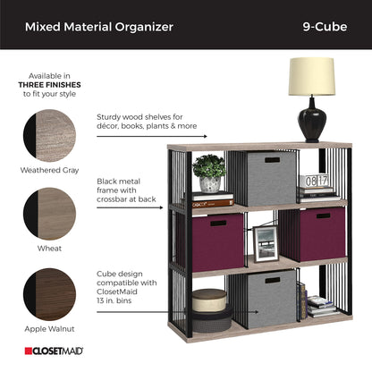 ClosetMaid 9-Cube Storage Organizer Bookshelf, Storage Shelf, Metal Frame, Wood Shelves, Easy Assembly, Black/Weathered Gray