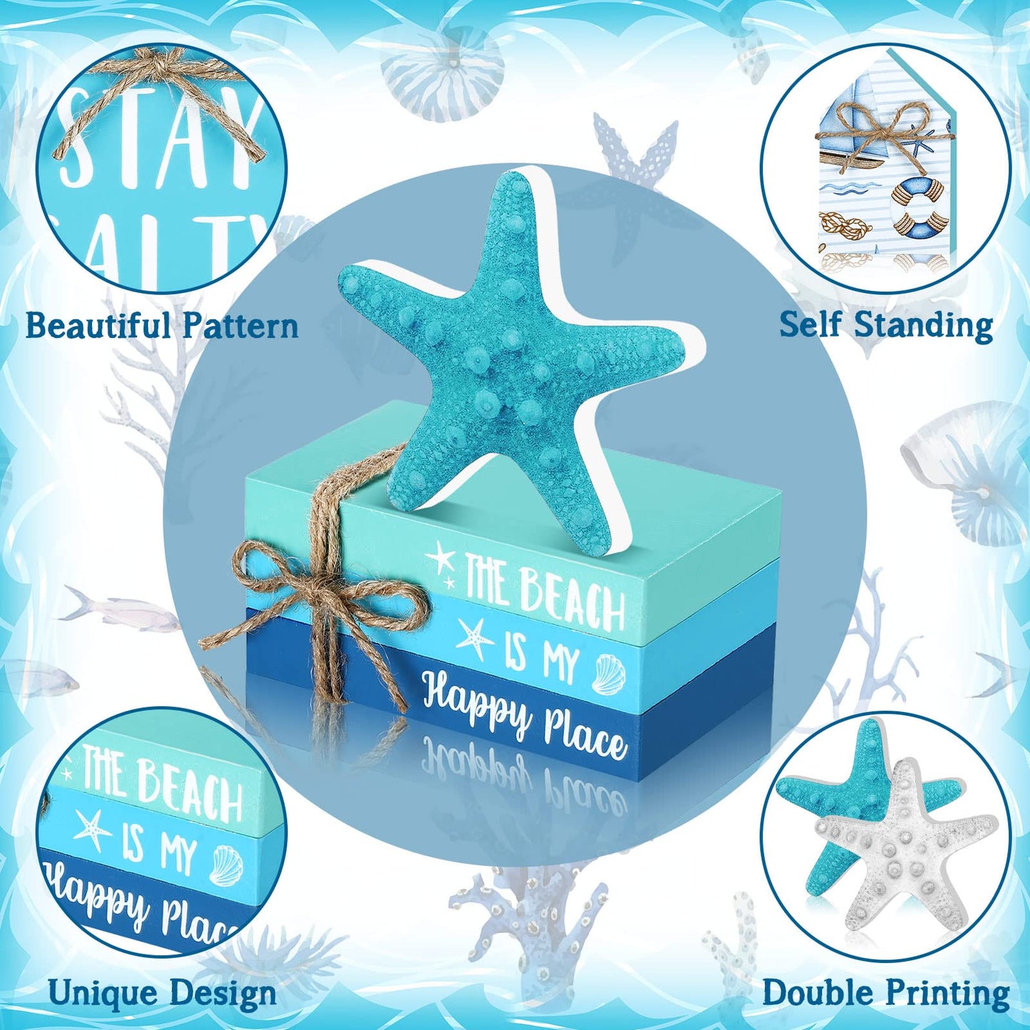 Blulu 5 Pcs Summer Beach Wooden Tabletop Decor, Coastal Ocean Blue Decorations for Home, Wood Starfish Decor, Stay Salty House Signs & Faux Book Stack, Nautical Table Centerpieces for Bedroom Desk