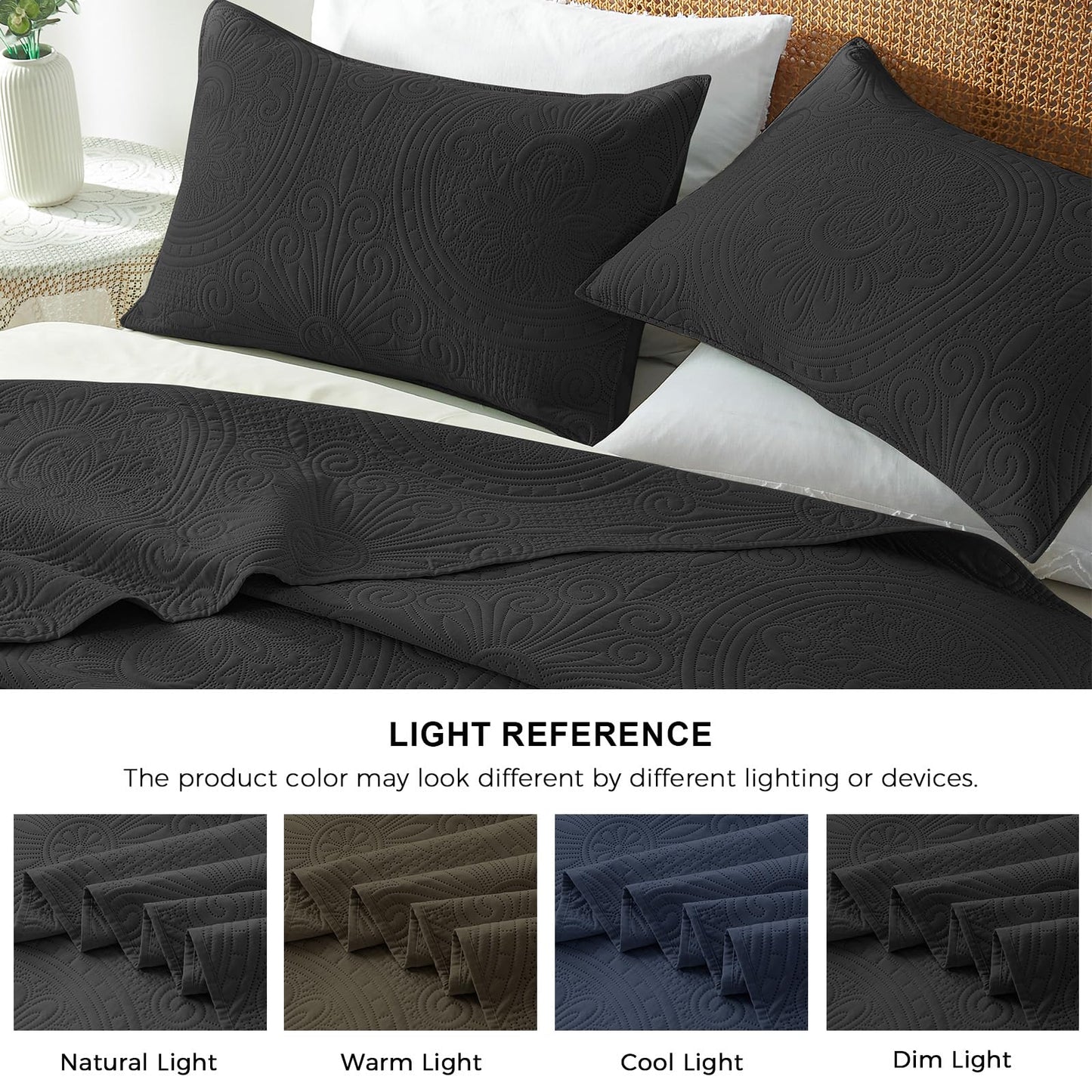 WURUIBO King/Cal King Quilt Set Black,Ultrasonic Embossed Bedspread, Lightweight Microfiber Coverlet, Modern Thin Bedding Set for All Season, 3 Piece(1 Quilt,2 Pillow Shams)