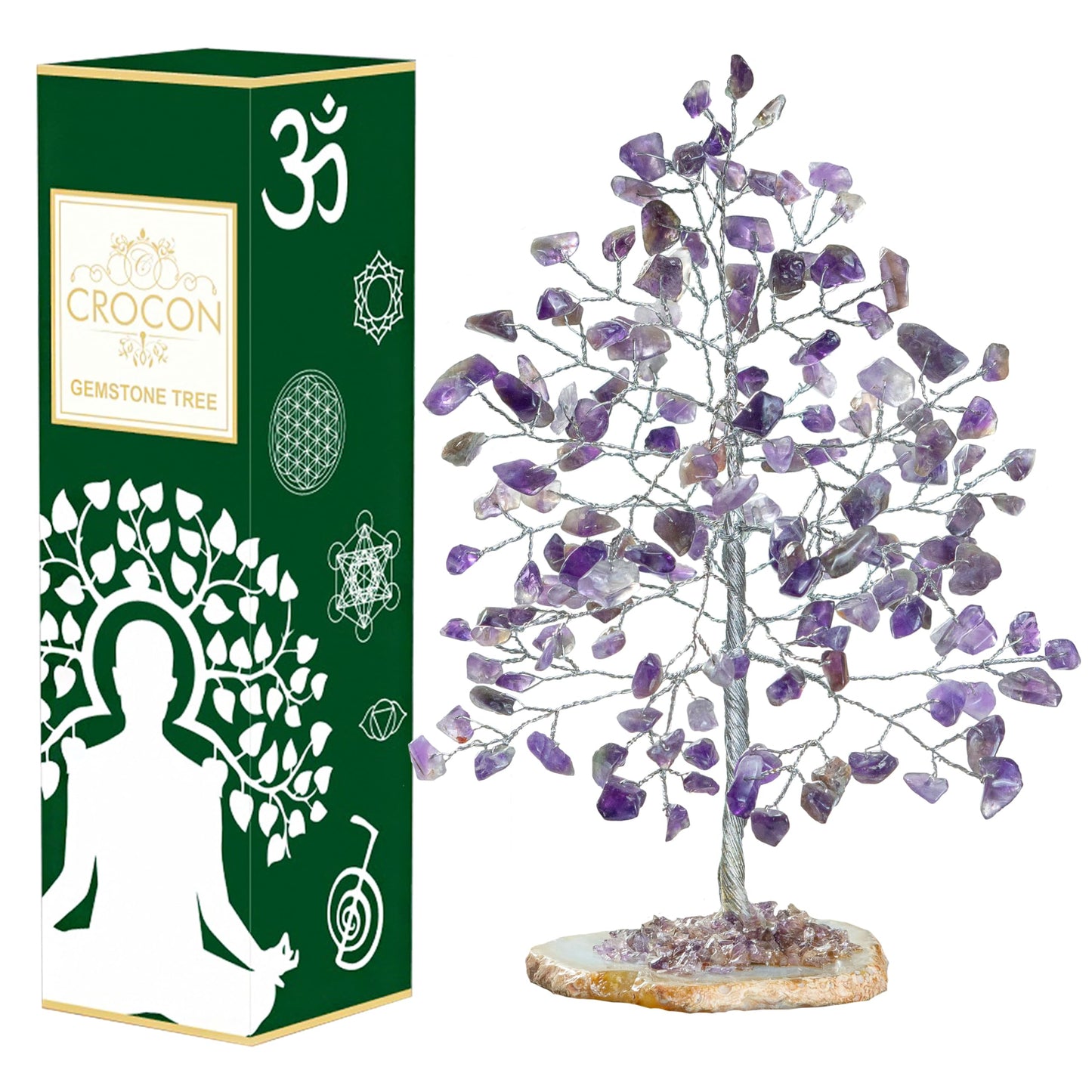 Crocon® Amethyst Gemstone Money Tree Agate Slice Base Gifts for Women Men Family Feng Shui Figurine Reiki Healing Crystals Chakra Balancing Good Luck Ornament Sculpture Mystical Home Decoration, 7"