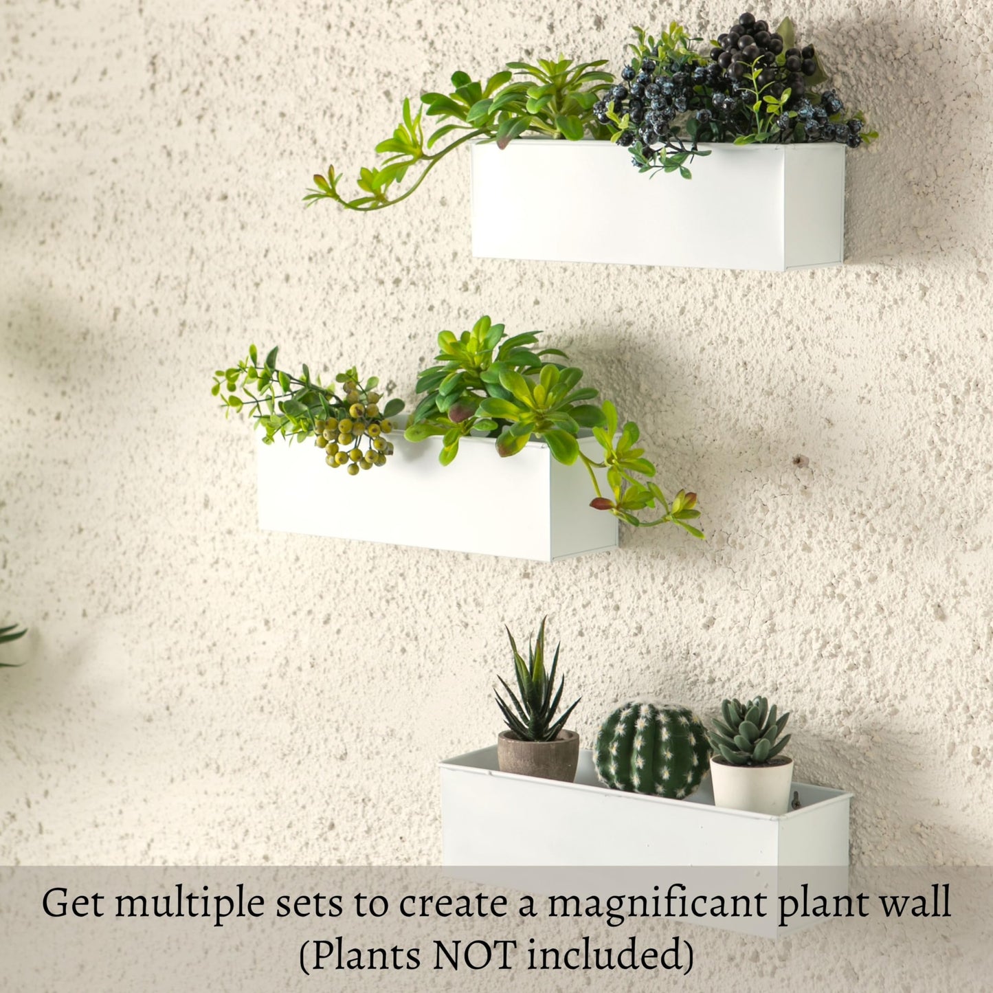 LaLaGreen Wall Planter (3 Pack, 14 Inch) Large Wall Mount Planters for Succulent White, Rectangular Metal Hanging Flower Pot, Long Window Boxes Fence Railings Rustic Floating Shelve Indoor Outdoor