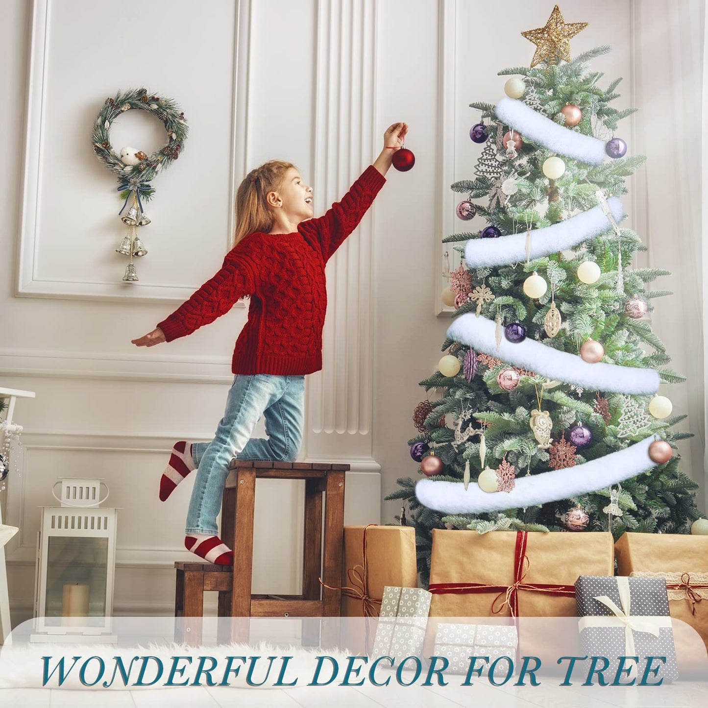 Christmas Faux Fur Ribbon Trim Winter Xmas Tree Winding Garland Artificial Furry Stripe Accessory Holiday Faux Fur Fabric Roll Garland for Xmas Party Sewing Costume Trimming (White, 3 Inch x 20 Ft)