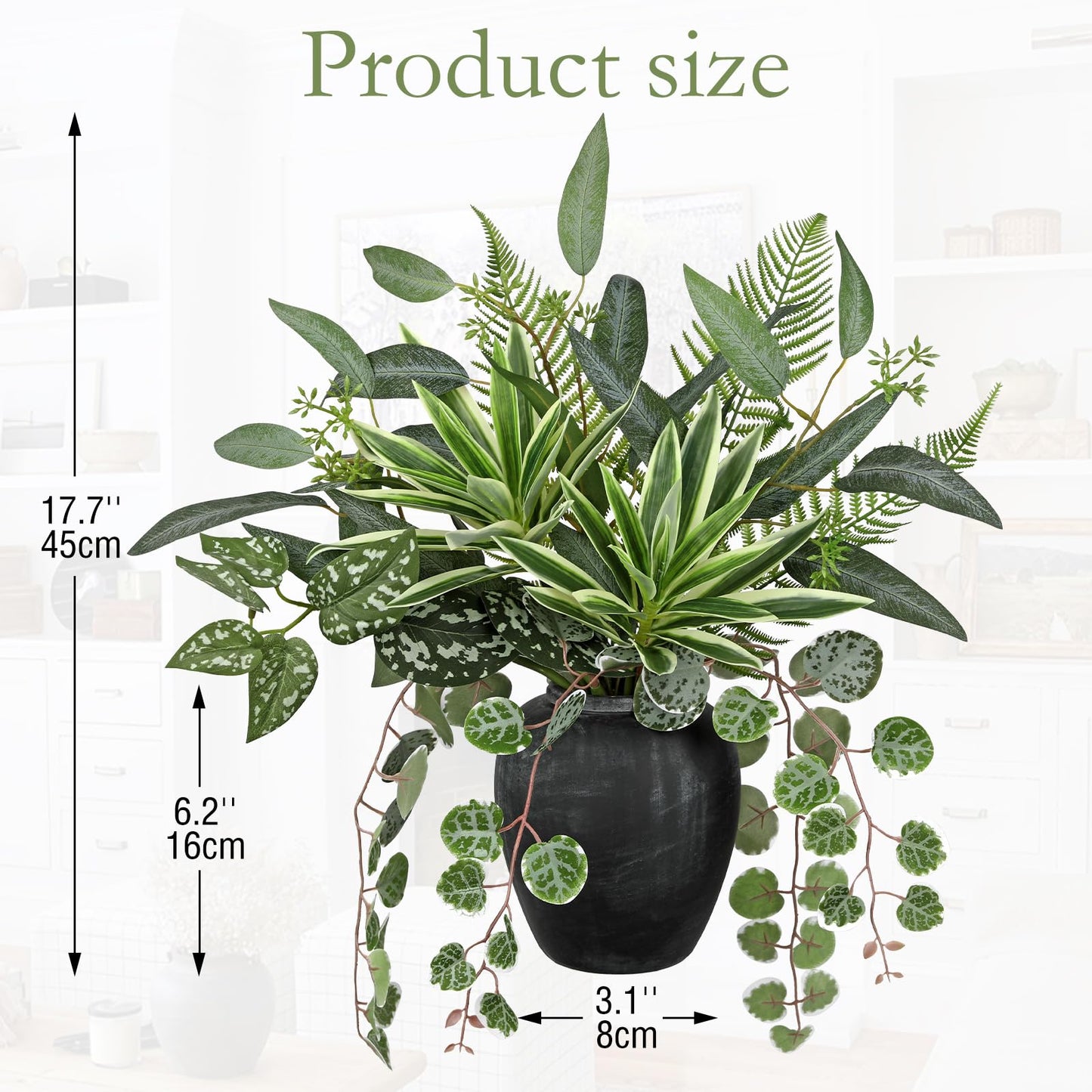 Artificial Greenery Arrangement with Cement Vase, Fake Potted Plants in Rustic Jug Planter, Faux Leaf Bouquet for Table Centerpiece, Farmhouse Home Decor, Dining Room, Living Room, Shelf Decoration