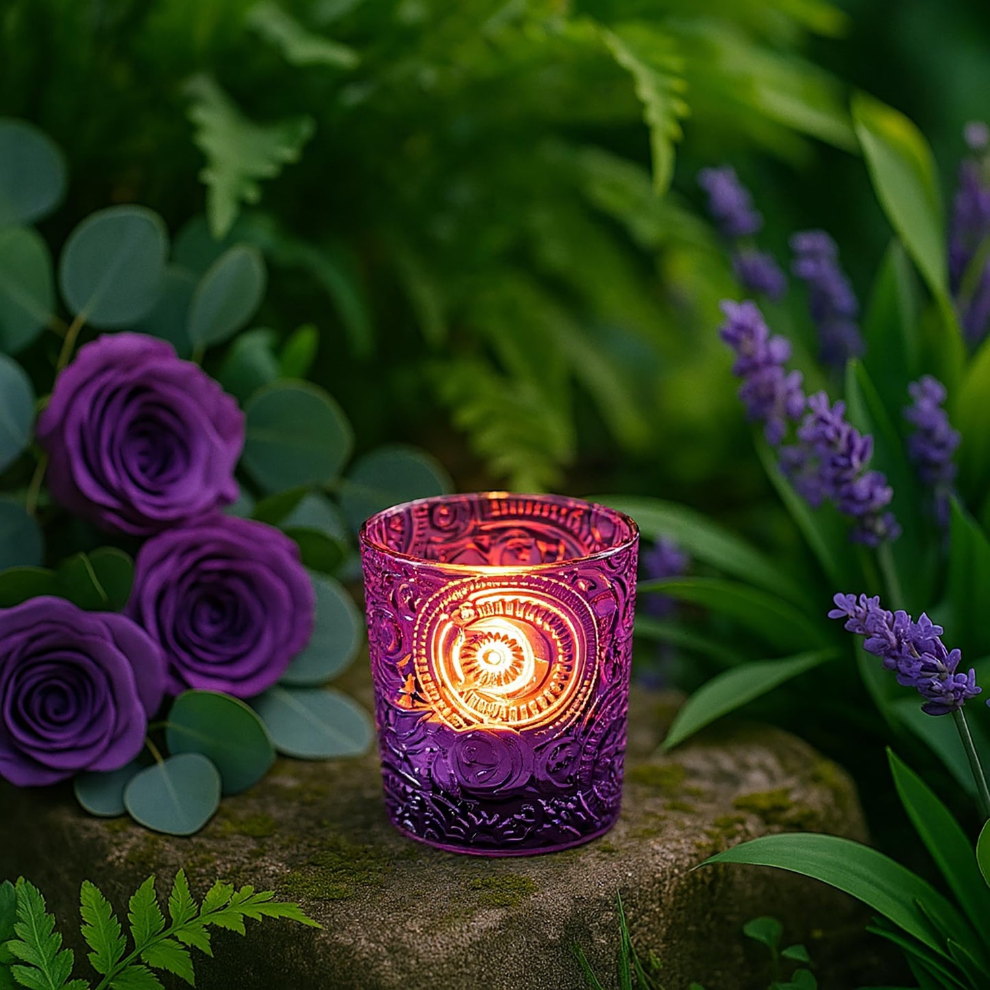 12 Pack Sun Moon Star Embossed Glass Tea Light Candle Holders - Votive Candle Holders for Wedding, Party, Home Decor, and Table Centerpieces (Amethyst Purple)