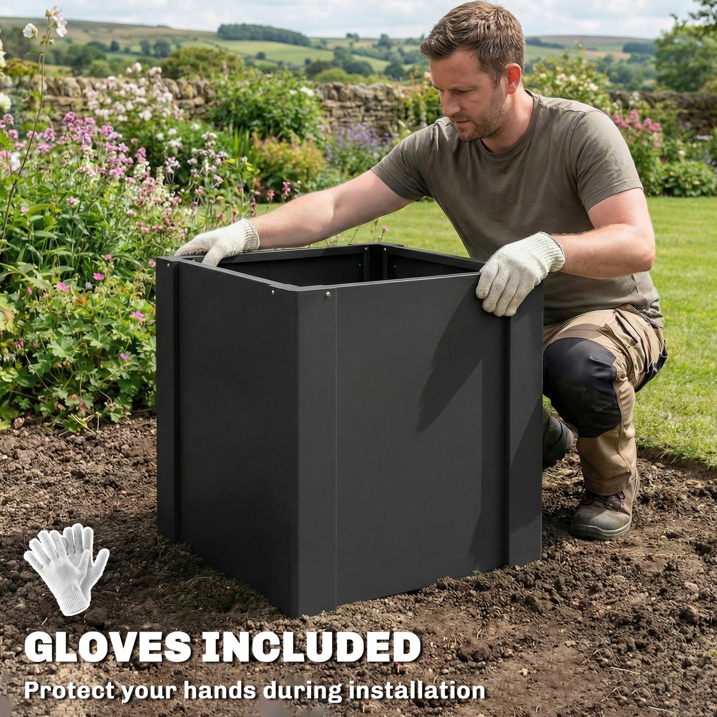 Outsunny Galvanized Tall Outdoor Planter, Metal Square Large Planter Box for Outdoor Plants with Gloves and Open Bottom for Vegetables, Flowers, Herbs, 1.4 x 1.4 x 1.5 ft, Black