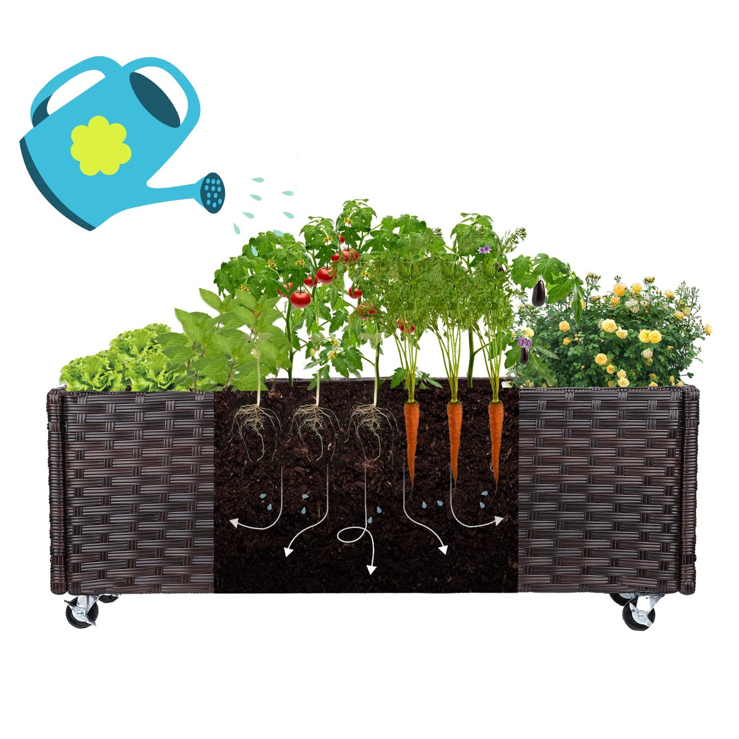 Chonsun Raised Garden Bed with Wheels - Rattan Wicker Elevated Raised Garden Bed Outdoor Raised Planter Box for Vegetables Grass Lawn Yard, 38 x 14.5 x 12 in, Brown