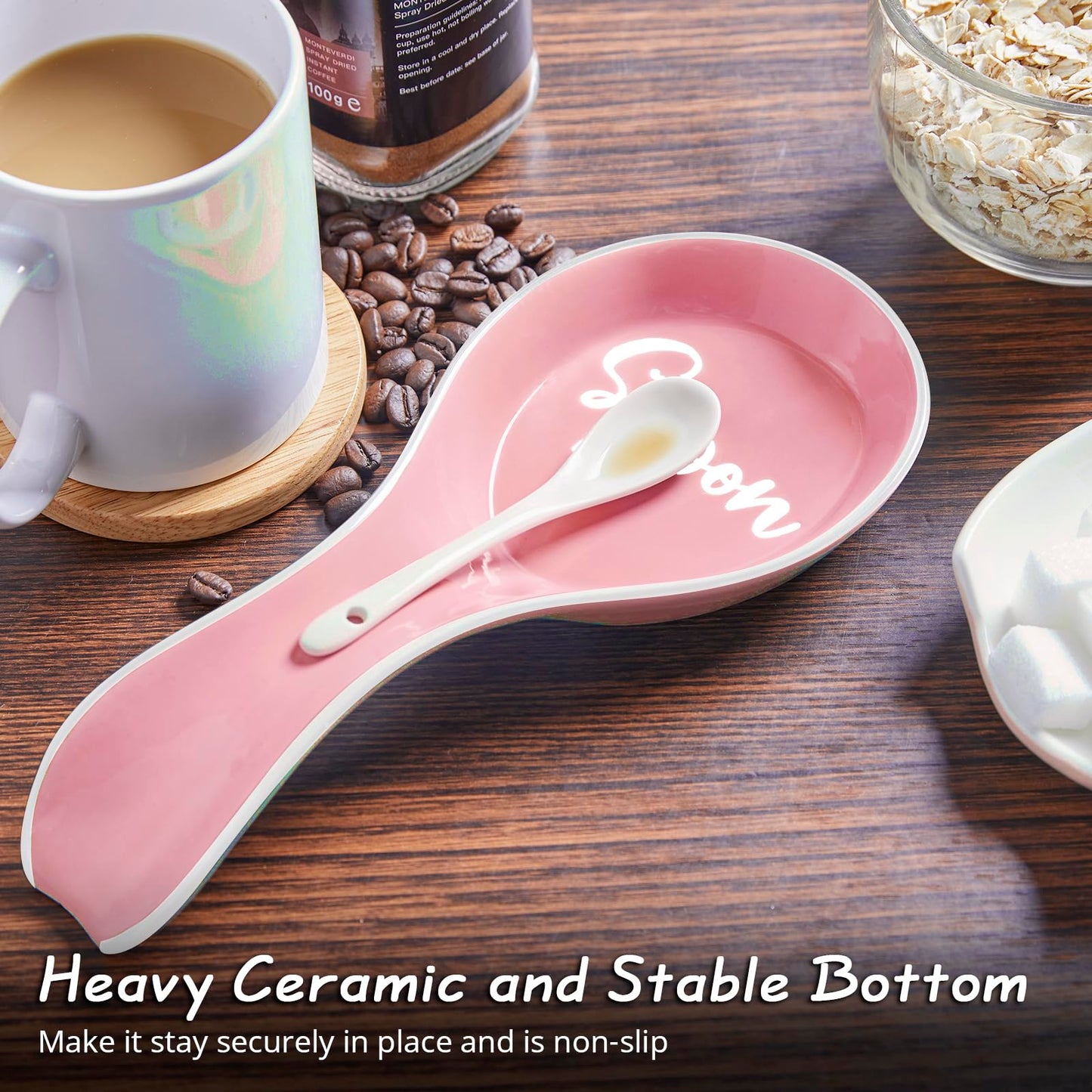 Ceramic Spoon Rest for Stove Top, DAYYET Large Spoon Holder, Spoon Rest for Kitchen Counter, Utensil Rest for Ladles, Spatula, Tong, Pink Kitchen Decor and Accessories