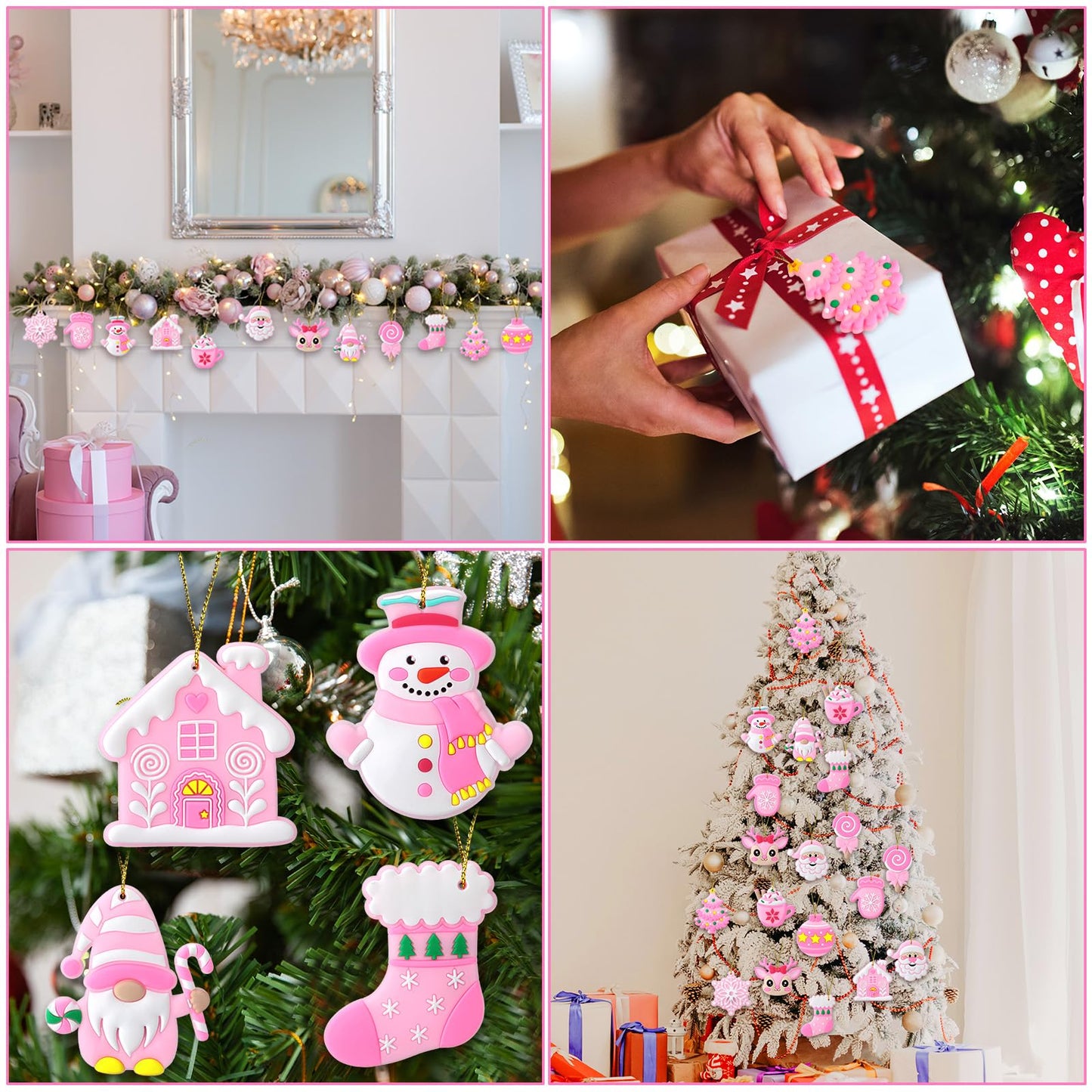 Lunmon 24 Pcs Pink Christmas Ornaments PVC Pastel Ornaments for Christmas Tree Santa Claus Gingerbread House Gnomes Xmas Baubles Winter Decorations for Xmas Tree Party Holiday Decor