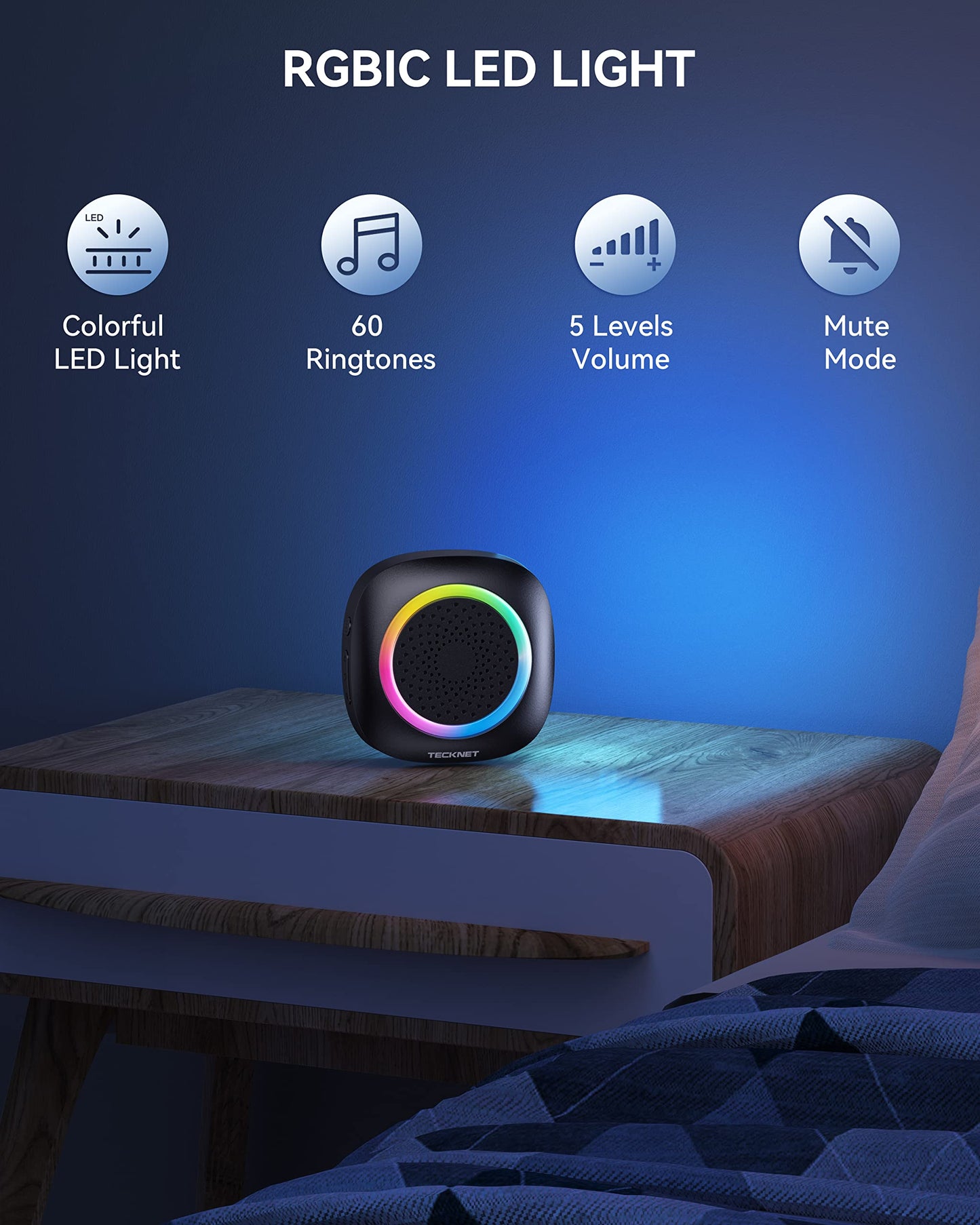 TECKNET Plug-in Wireless Doorbell with RGB Lighting & 1300 Feet Range,IP66 Waterproof Doorbell for Home/Classroom/Office/Business,60 Chimes,5-Level Volume,4.5-Year Battery Life(White)