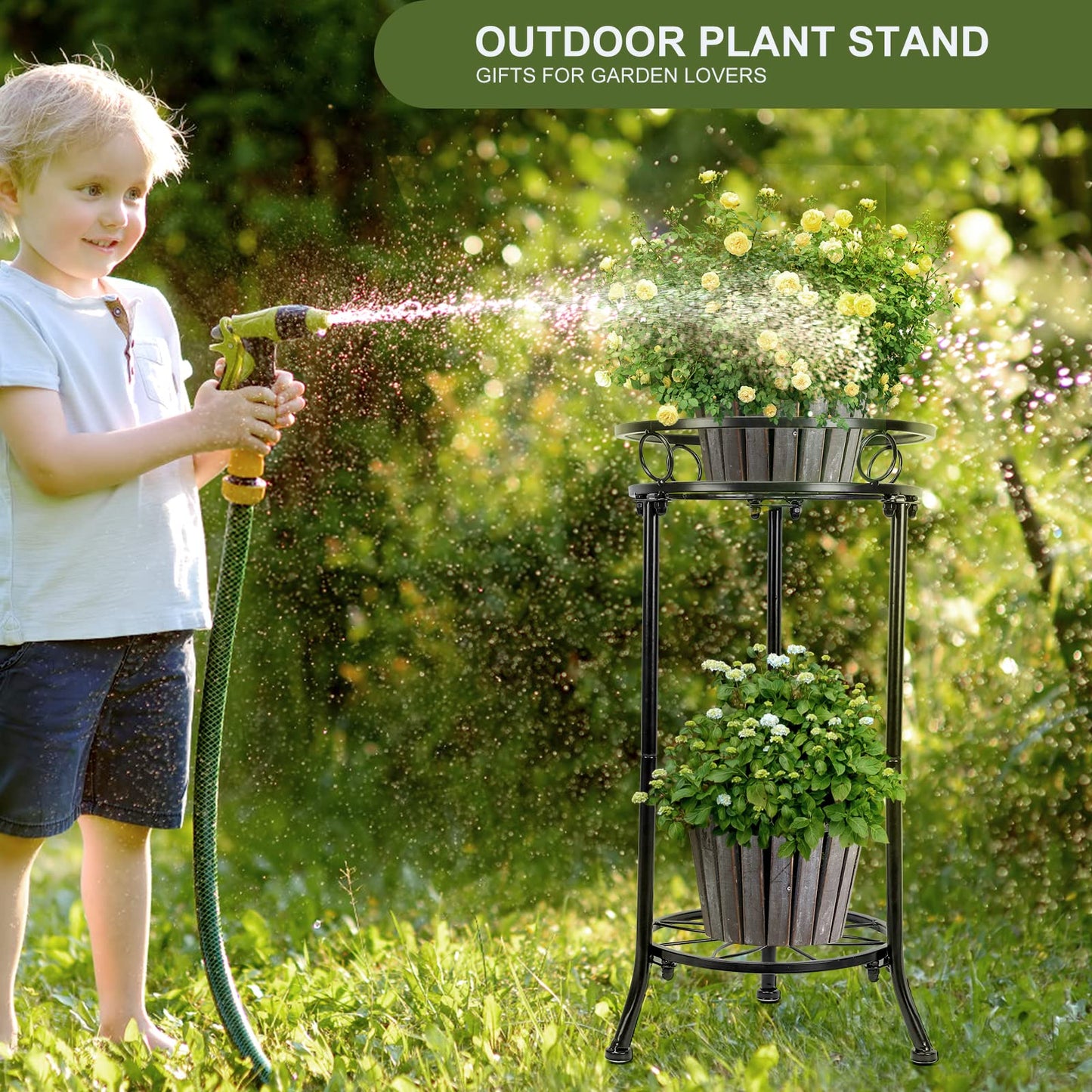 YHIJURS Plant Stand Indoor 2-Tier,20.3 Outdoor Tall Metal Plant Stands Black,Single Corner Heavy Duty Potted Holder Rack Rustproof,Flower Pot Stand for Planter Garden Balcony Patio Office Home