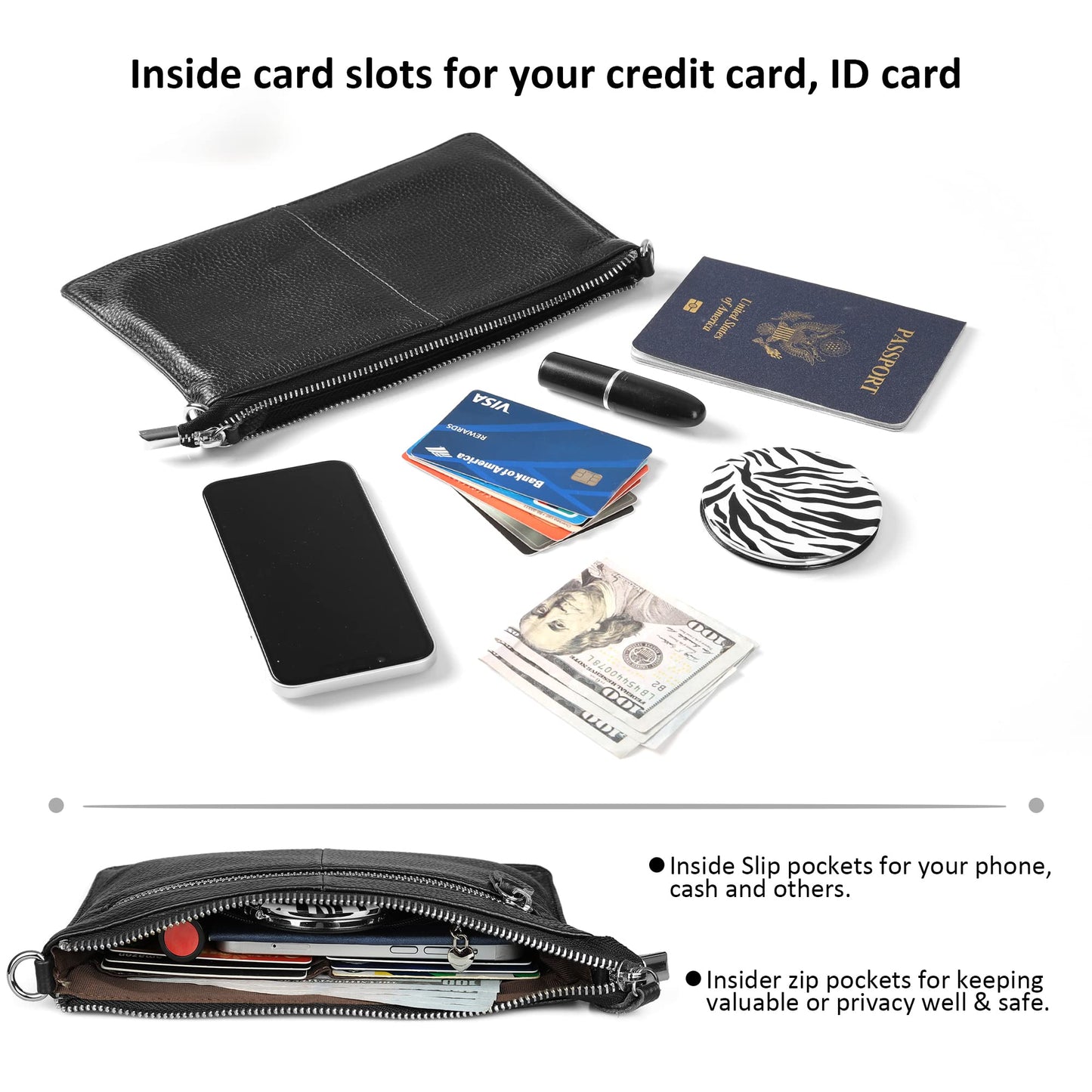 befen Small Leather Crossbody Bag for Women, Cell Phone Cross Body Black Clutch Purses Ladies Handbags & Shoulder bags, Envelope Wristlet Clutch Wallet with Wrist Strap