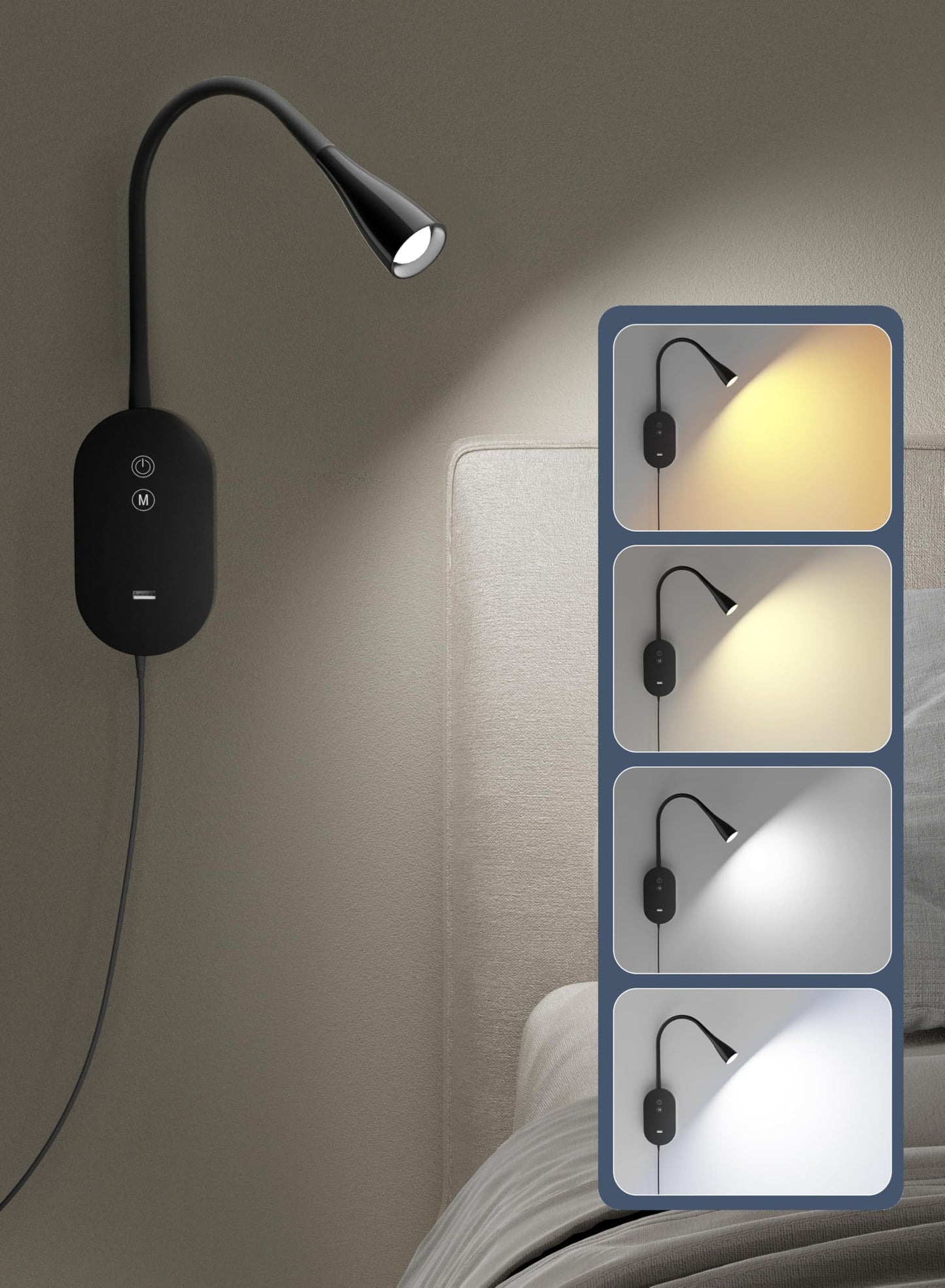 TOPMB Wall Reading Light for Bed – 4 Color Modes, 5‑Level Dimmable Reading Lamp, CRI 95+ Natural Sunlight, USB Output Charge & Auto Memory Black