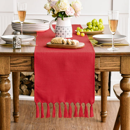 Artoid Mode Red Tassel Table Runner, Christmas Linen Blend Rustic Farmhouse Style Kitchen Table Decoration Holiday Wedding Party Dinning Decor 13x72 Inch