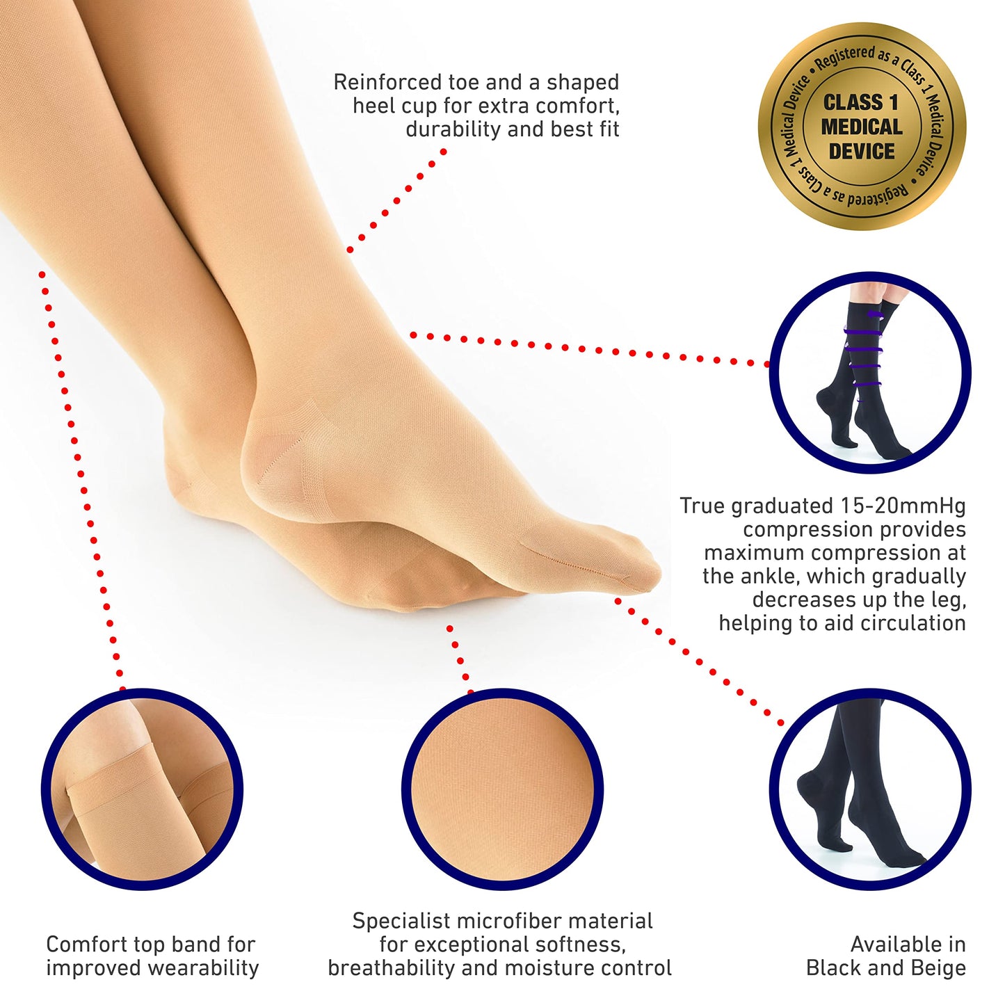 Neo-G Travel Flight Socks for Women and Men - Graduated Compression - For Flying, Mild Varicose Veins, Long Haul Flights, Improving Circulation, Tired, Aching Legs - Class 1 Medical Device - Beige - L