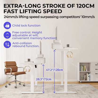 JOISCOPE 48 Inch Electric Standing Adjustable Height Desk with USB & Type-C Outlet, Home Office Computer Gaming Desk with Display Riser and Double Drawer, Sit Stand Desk, White
