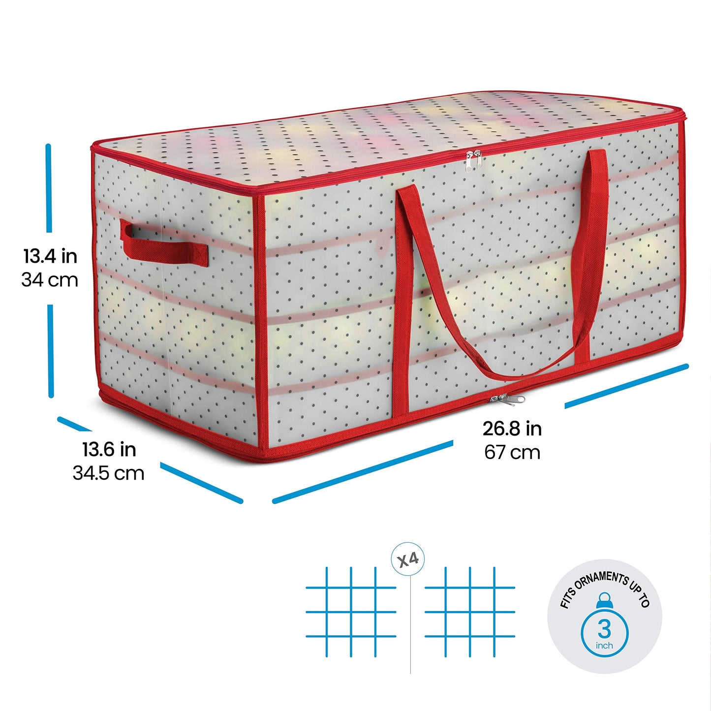 ZOBER Christmas Ornament Storage Box - Stores 128 Ornaments W/ 2 Sided Zipper - Flexible Plastic Christmas Ornament Storage Containers - 3 Inch Cube Compartments - Red