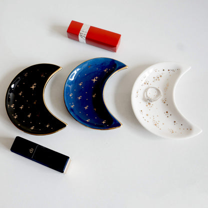 BIHOIB Small Moon Jewelry Dish Tray, Set of 2, Decorative Ceramic Trinket Dish, Modern Accent Tray for Vanity (White and Black)