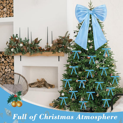 17x23 Inch Large Blue Bow for Christmas Tree Topper Christmas Tree Decoration Set: 24 Small Velvet Bows, 1 Pcs Big Tree Topper Bow, 3000 Strands of Tinsel Icicles for Holiday Decor (Blue)