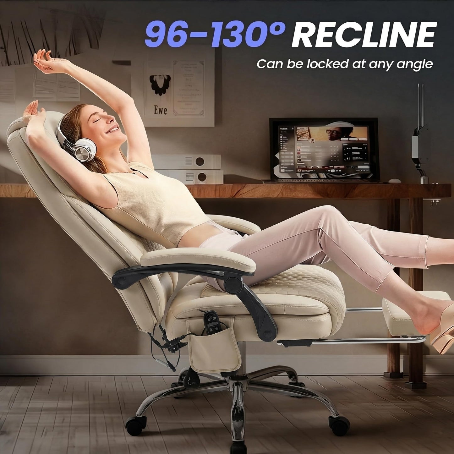MALOL Massage Office Chair with Heat and Footrest - 3-Level 65°C Targeted Heating, 20-Min Easy Assembly Leather Desk Chair, Big and Tall Executive Computer Chair with Side Pocket, 300 lbs, Beige