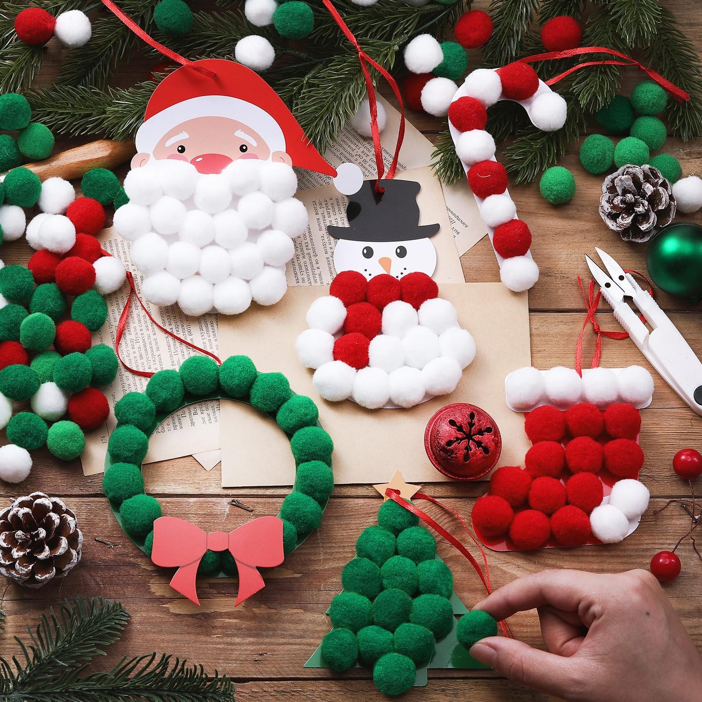 Realspring 24 Sets Christmas Pom-poms Craft Kit DIY Pom Pom Ornament Craft Bulk Christmas Tree Snowman Stockings Santa Wreath Candy Canes Xmas Poms Decor Fun Home Activity Classroom Party