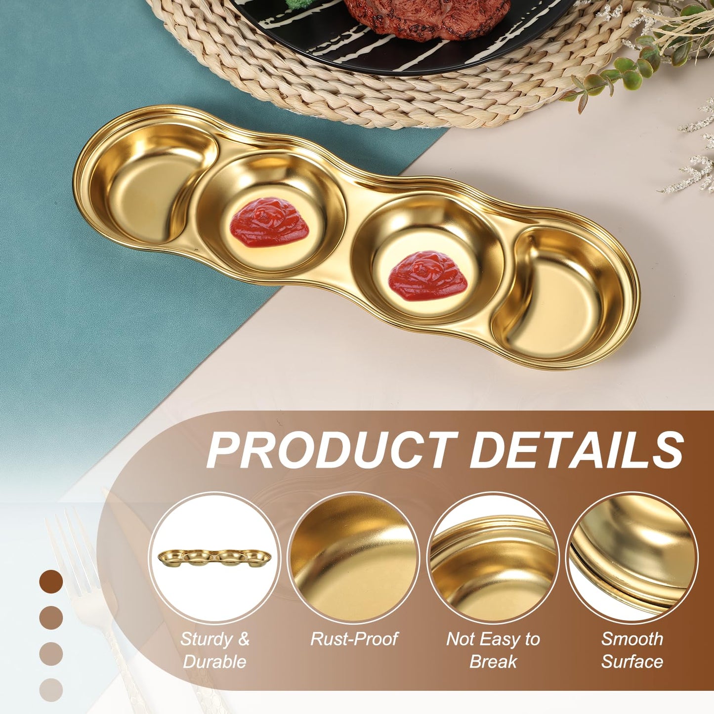 uxcell 3 Inch Mini Stainless Steel Sauce Dish, 2 Pcs Round Seasoning Bowls Appetizer Plates Condiment Bowl for Salad Side Dishes Sushi Dipping Ketchup, Gold/Silver 4-Compartment