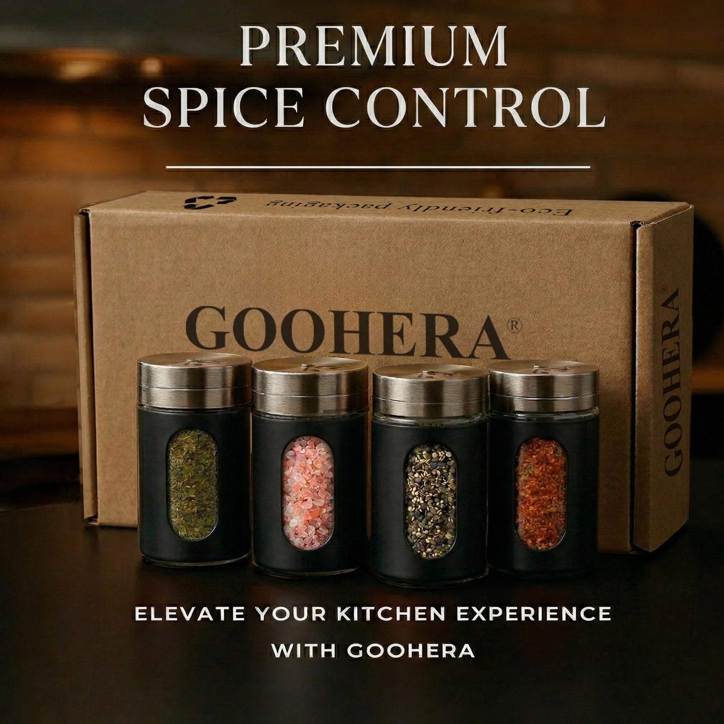 GOOHERA 4-Piece Salt and Pepper Shakers Set, 100mL (3.38oz) Each – Premium Stainless Steel Spice Dispensers with Adjustable Pour Holes – Black