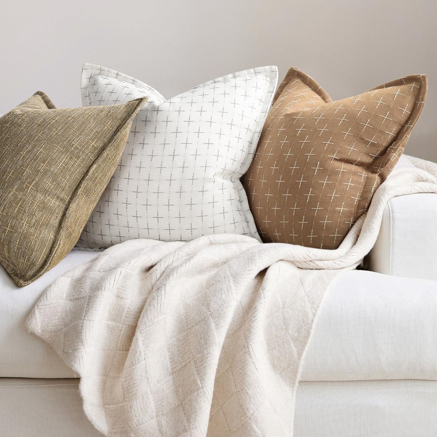 ZWJD Throw Pillow Pillow Covers 24x24 Set of 2 Soft Polyester Textured Pillow Covers with Stylish Flange Edge Cozy Farmhouse Throw Pillows for Couch Bed Sofa Living Room