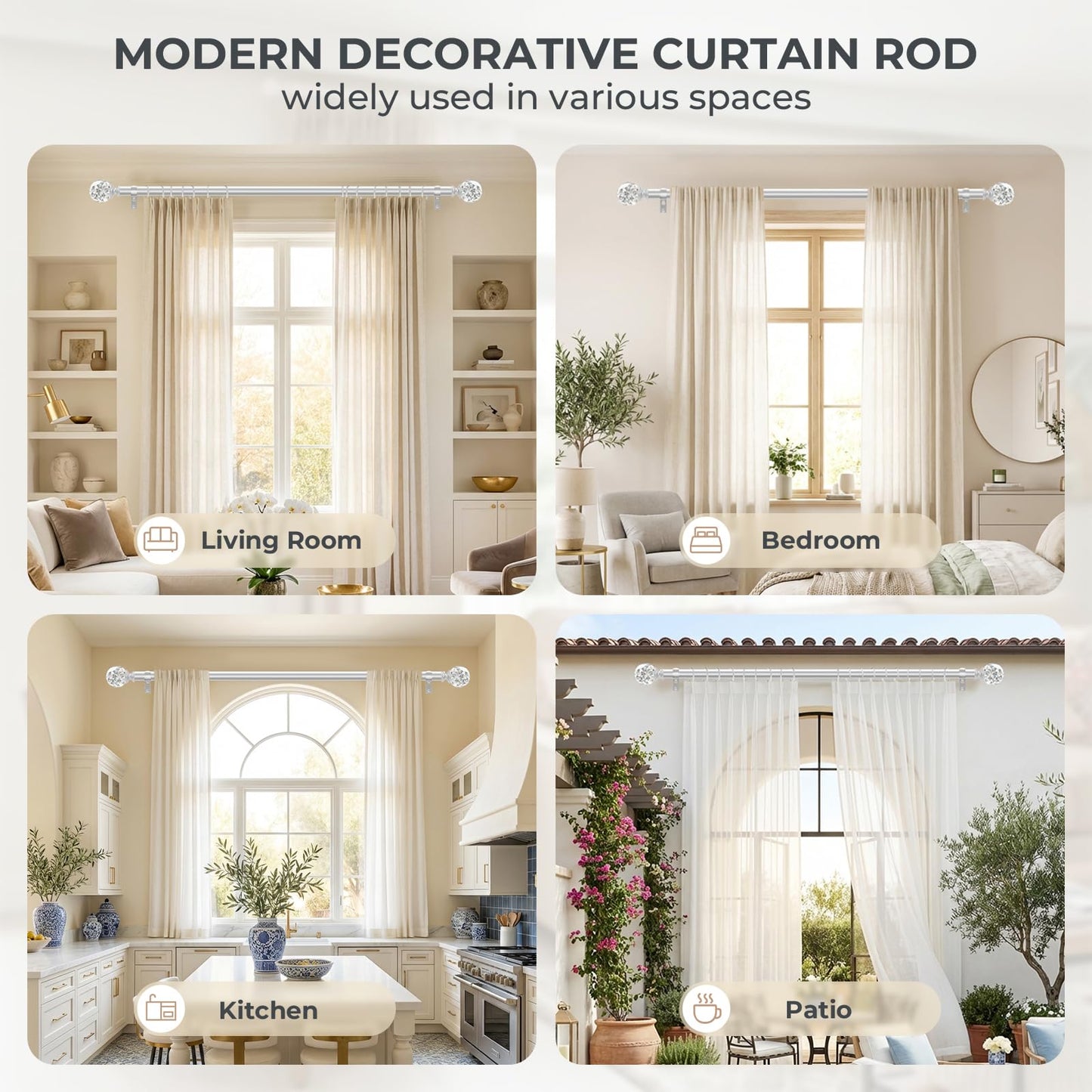 TVWOO Silver Decorative Crystal Curtain Rods:36-88 Inch Heavy Duty Adjustable Window Curtains Rods for Bedroom Living Room,Nickel Modern Girly Acrylic Drapery Rods Set with Sheer Bling Foil Finials