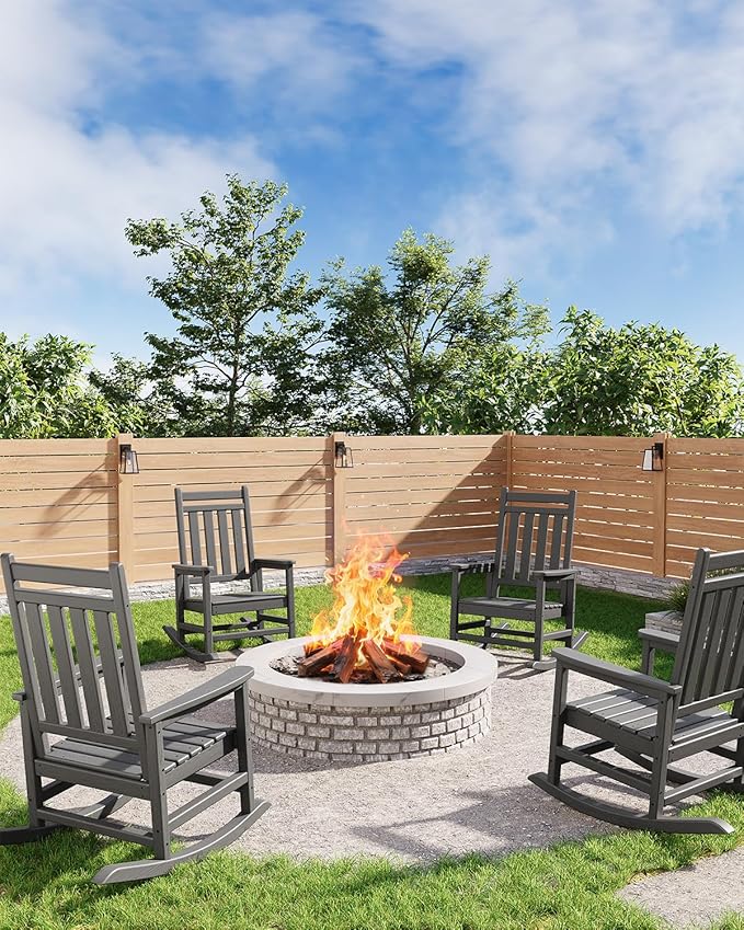GarveeLife Poly Lumber Rocking Chair Outdoor Set of 4- HDPE High Back Porch Rocker Chairs for Adults - All Weather Resistant Furniture for Patio - Gray