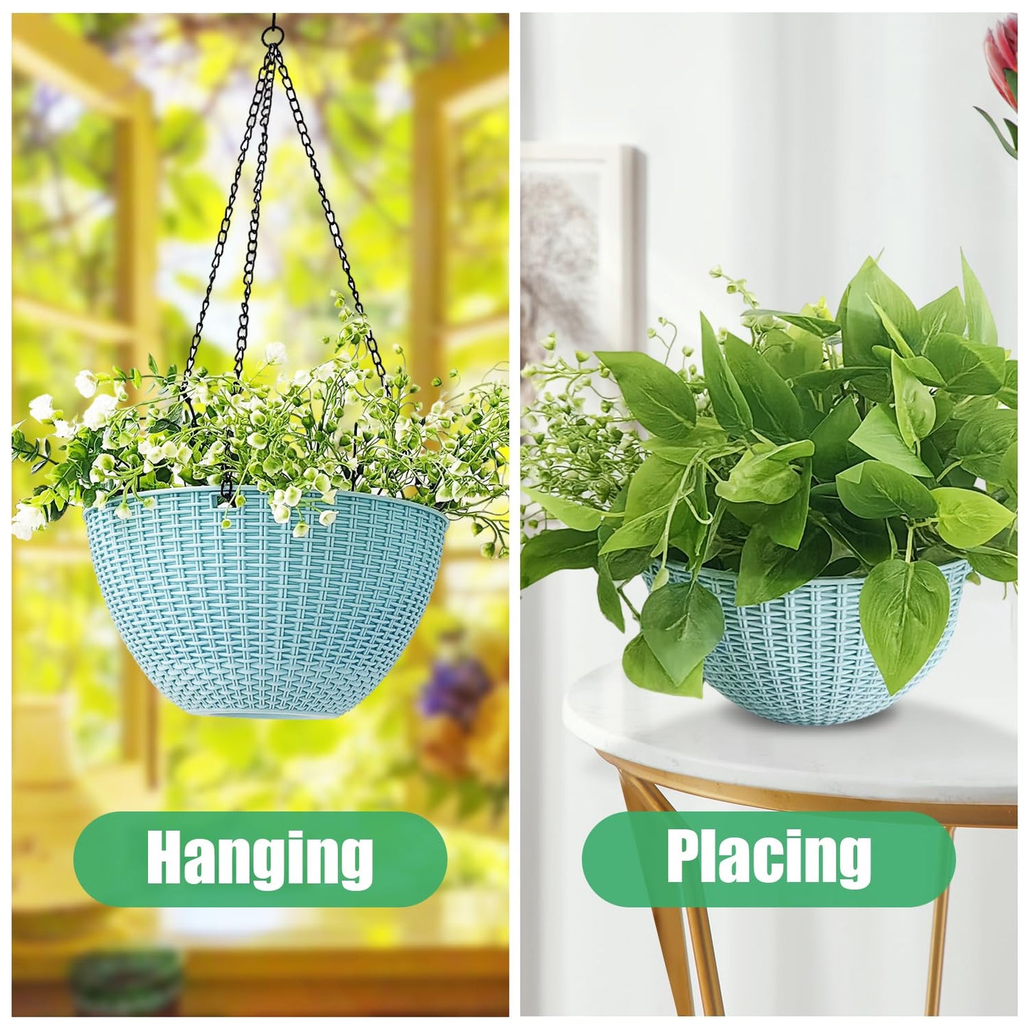 RooTrimmer Hanging Planters for Outdoor Plants 8/10 Inch, 4 Packs Hanging Flower Pot Indoor with Drainage Holes, Self-Watering Hanging Basket Perfect for Home, Office and Garden (Sky Blue)