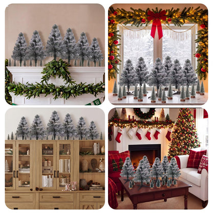 Sanwuta 21 Pcs Above The Cabinet Christmas Tree Decor 6 Flocked Snowy Trees 15 Mini Snowy Brush Trees Over The Cabinet Decorations Winter Xmas Tree for Mantel Bookshelf Table Indoor Kitchen Decor