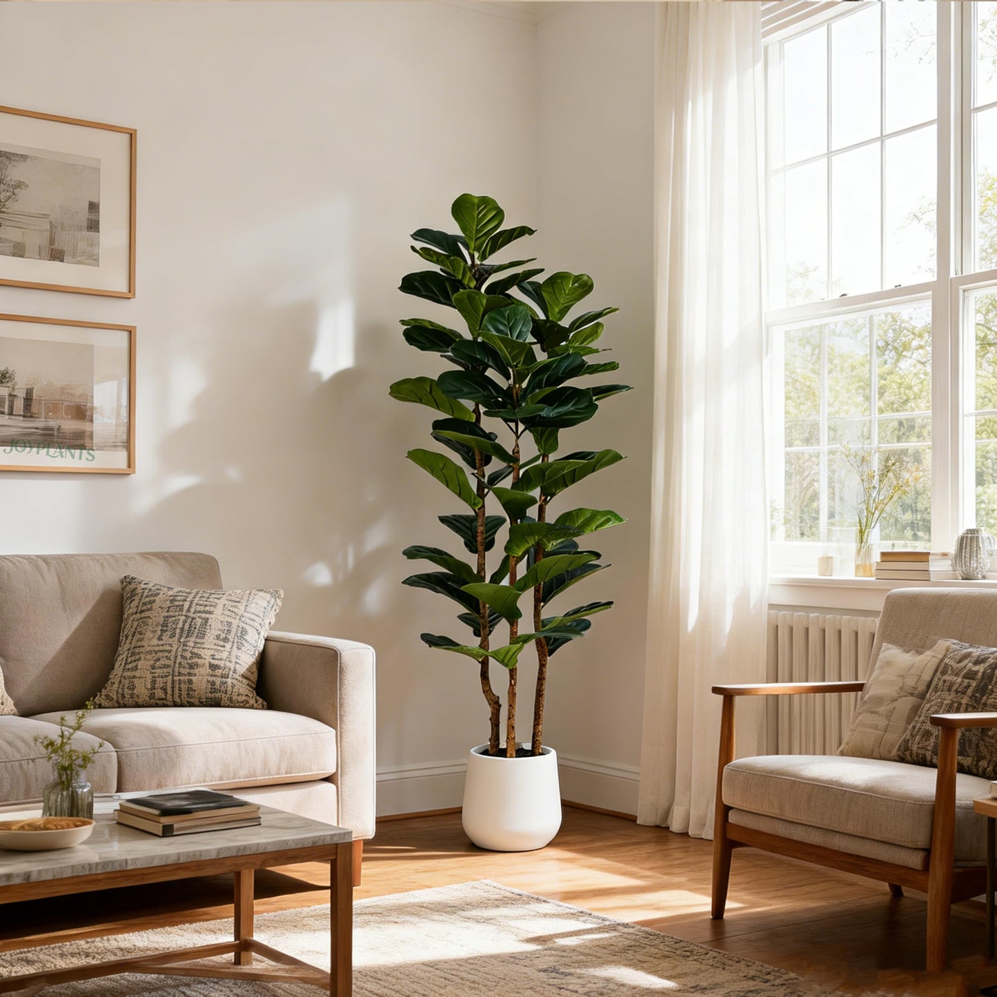 Joyplants 5ft Fake Fiddle Leaf Fig Tree, Realistic Fake Plants with Natural-Looking Trunk, Evergreen Faux Plants Indoor for Home & Office Decor（3 Poles, White Pot）