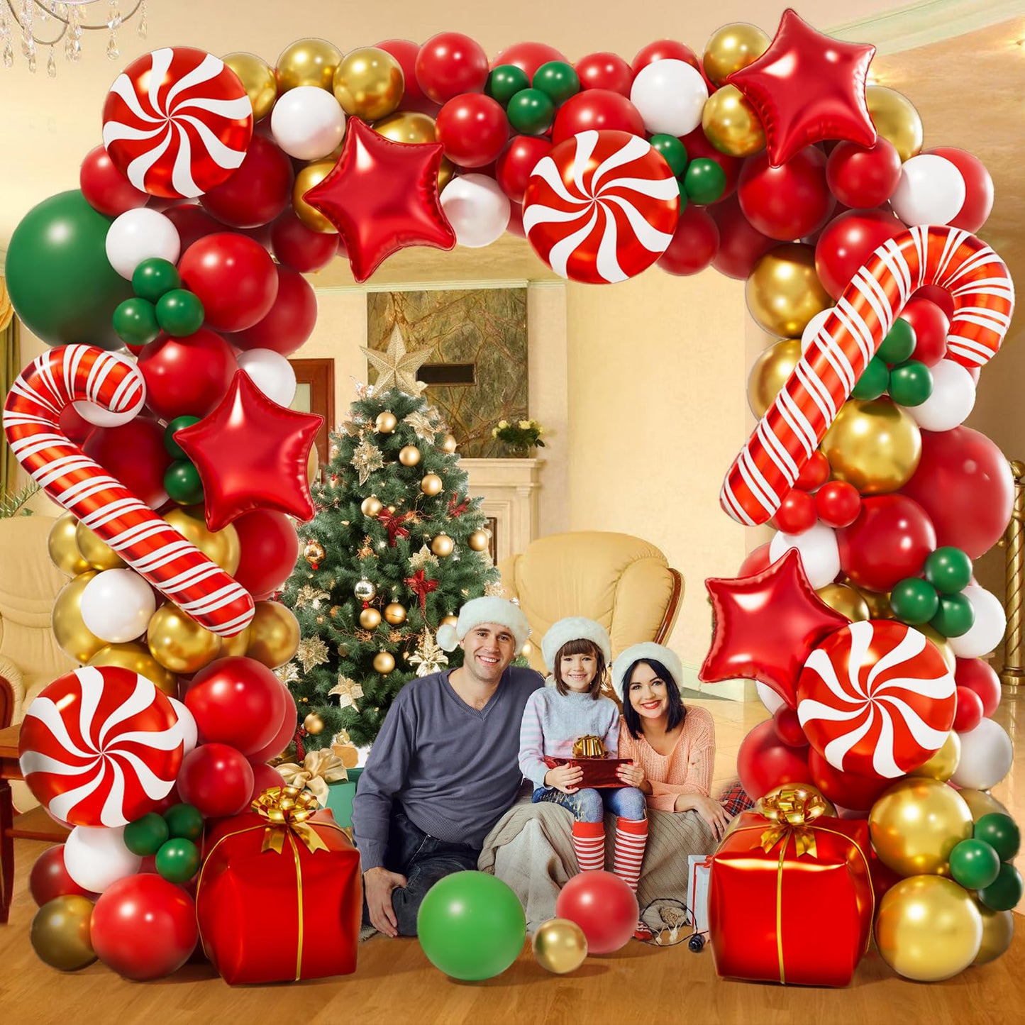 AobkDeco 151PCS Christmas Balloon Garland Arch Kit with Red White Golden Dark Green Balloons Candy Foil Balloon Candy Cane Balloon Gift Box Balloon Star balloon for Christmas Party Decorations