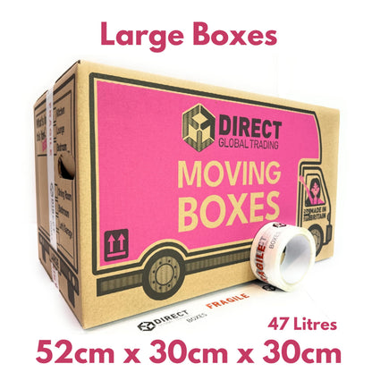 25 Strong Large Cardboard Storage Packing Moving House Boxes with Fragile Tape 52cm x 30cm x 30cm 47 Litres Carry Handles and Room List