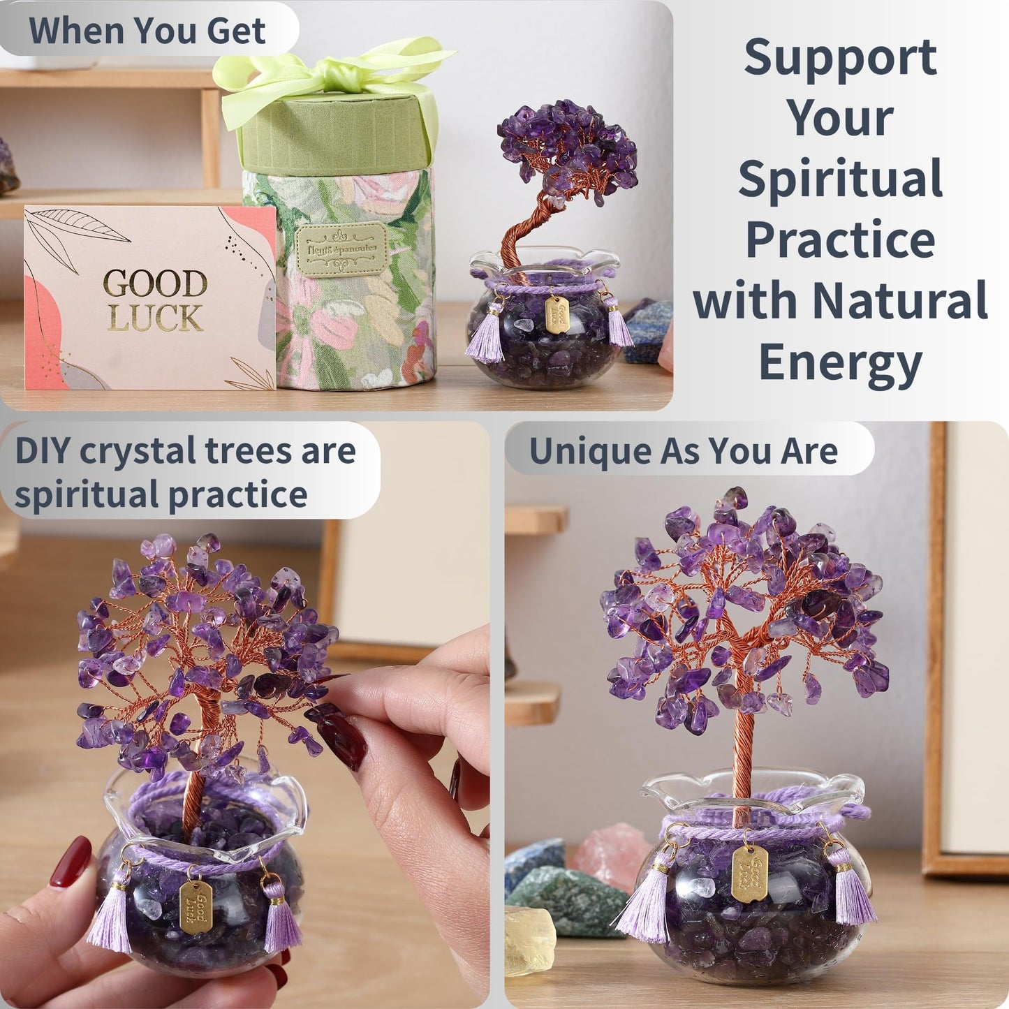 CrysDeco Premium Crystal Tree with Glass Bowl Base & Tassel Charm - 7 Chakra Healing Gemstones Tree, Desk Decor Feng Shui Spiritual Gift for Women Mom Wife Birthday Christmas, 4.3 inch (Amethyst)