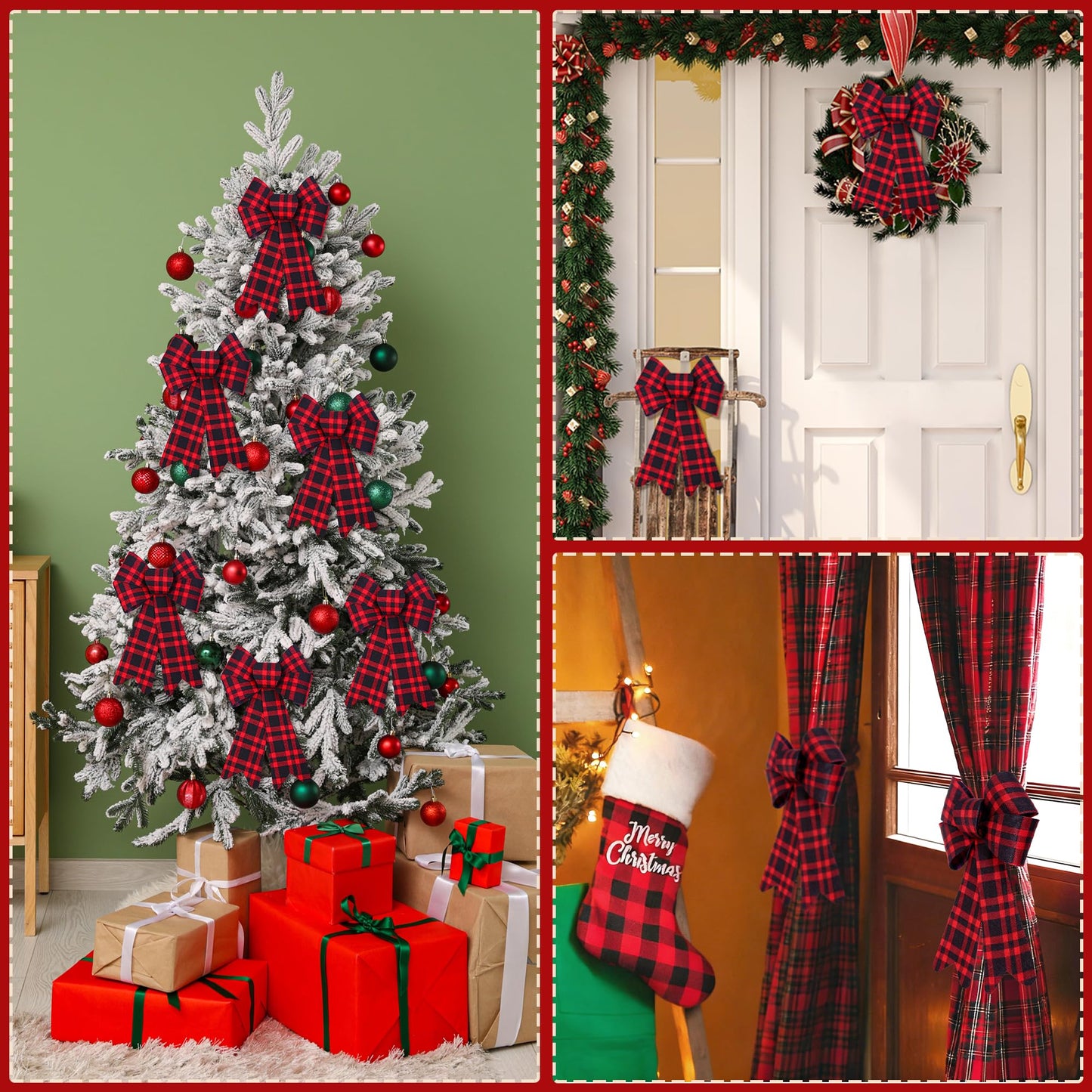 Aneco 6 Pieces Red Buffalo Plaid Christmas Bows for Holiday Wreaths, Xmas Velvet Decoration, Party