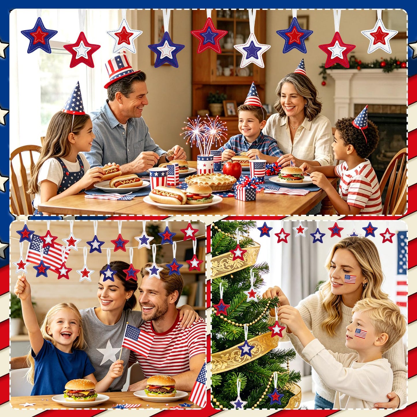 JANSUN Patriotic 4th of July Felt Star Ornaments 30 Pack Tree Hanging Star
