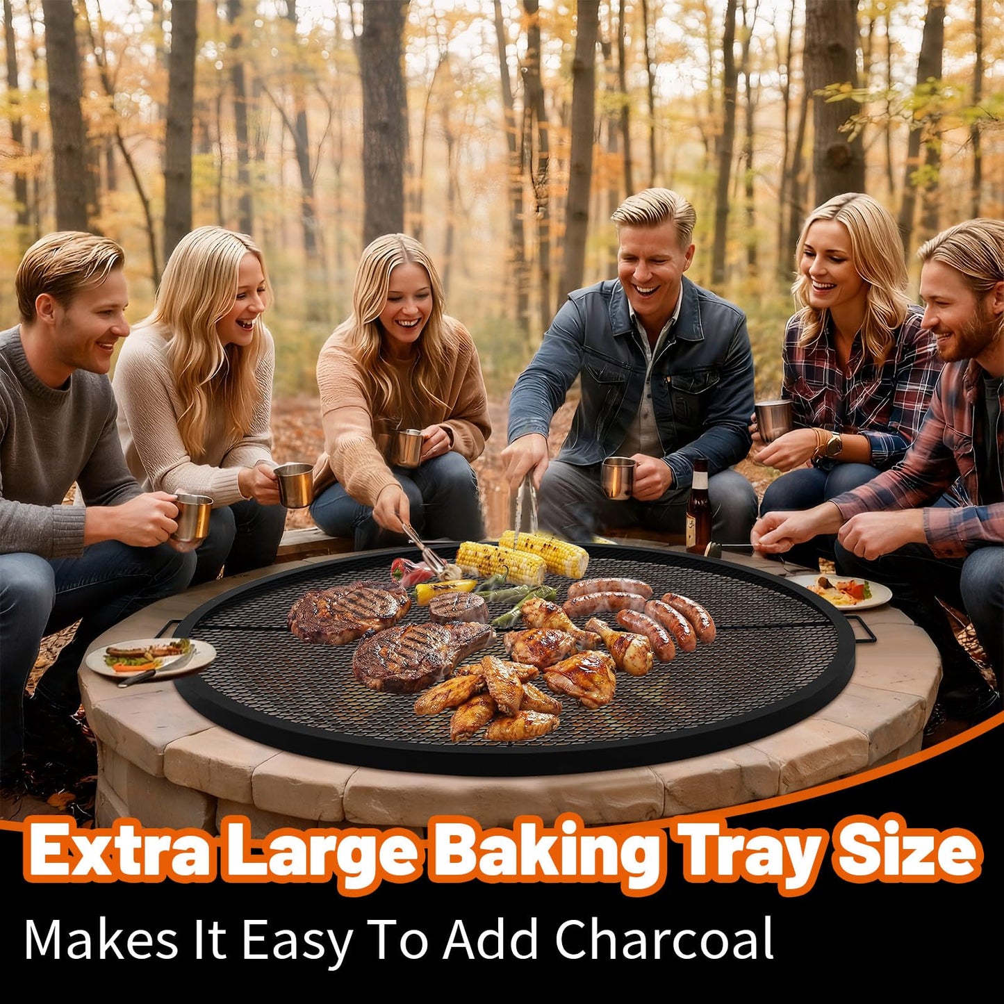 Ferrochef 40 Inch Fire Pit Grill Grate Fire Pit Cooking Grate Heavy Duty Steel Campfire BBQ Grill Grid with Handles for Outdoor Camping Cooking (Infoldable Round)