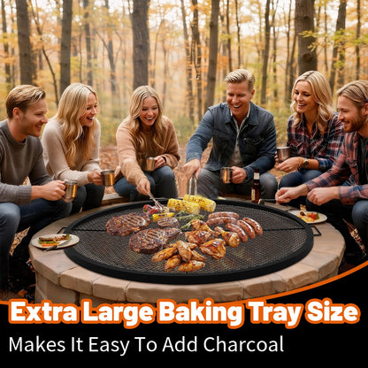 Ferrochef 40 Inch Fire Pit Grill Grate Fire Pit Cooking Grate Heavy Duty Steel Campfire BBQ Grill Grid with Handles for Outdoor Camping Cooking (Infoldable Round)