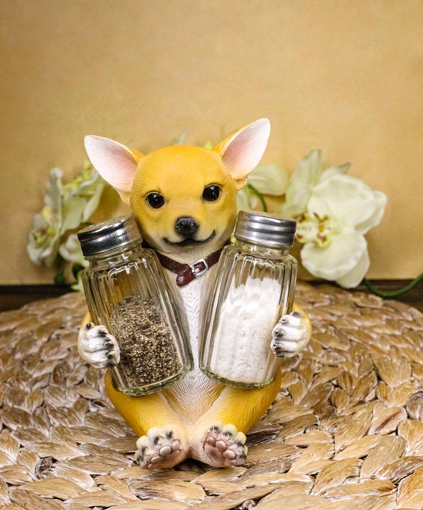 Ebros Picante Teacup Tan Chihuahua Puppy With Collar Salt And Pepper Shakers Holder Figurine Set 6.25"H Chi Chi Taco Dog Animal Pet Pal Kitchen Dining Bar Accent Sculpture
