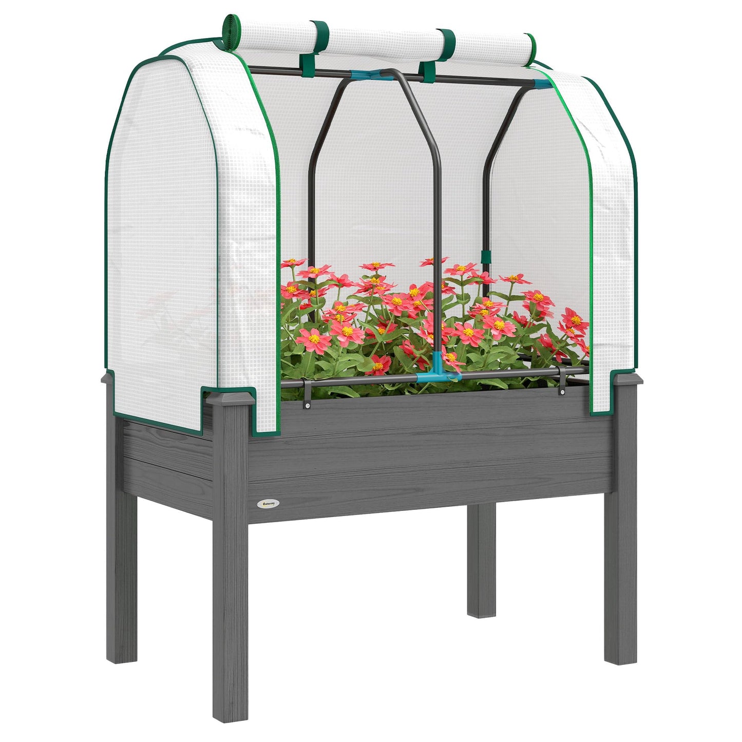 Outsunny Raised Garden Bed with PE Greenhouse Cover Outdoor Elevated Wood Planter Box for Herbs and Vegetables, Use for Patio, Backyard, Balcony, 35 x 22 x 47 inch, Dark Gray