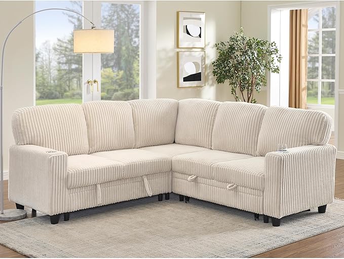 L-Shaped Sectional Couch with Storage and Pull Out Bed, Convertible Sofa Bed