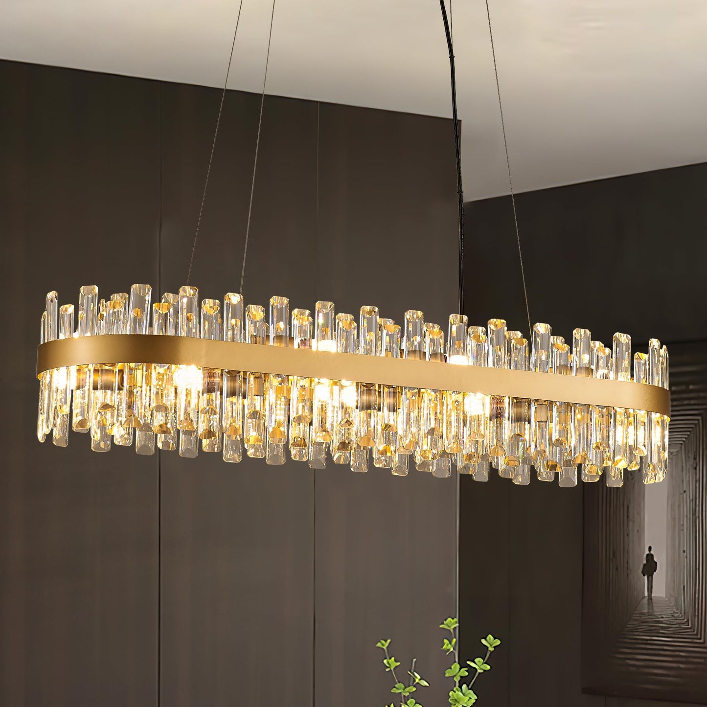 lighceac 39" Modern Gold Rectangle Crystal Chandelier Light Fixtures for Kitchen Island Luxury Linear Crystal Chandeliers for Dining Room 16-Light Long Hanging Pendant Lighting for Entryway Foyer Bar