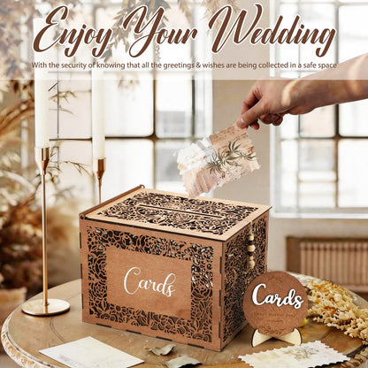 Ferrochef Wedding Card Box with Sign Boho Rustic Wood Gift Card Box Vintage Money Cards Holder for Wedding Baby Shower Graduation(Flower,Brown,11.4 x 9 x 8.5 Inches)