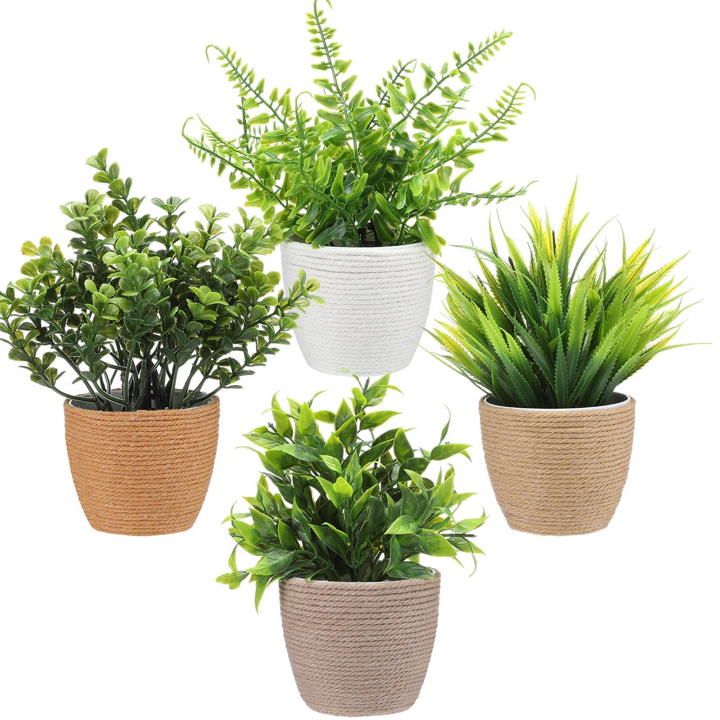 Suncalla 4 Pcs Small Woven Artificial Plants Boho Potted Fake Plants Mini Plastic Faux Eucalyptus 8.7" Greenery Indoor Farmhouse Bathroom Decor Pflanze Waterproof for Home Office Table Room Decor Gift