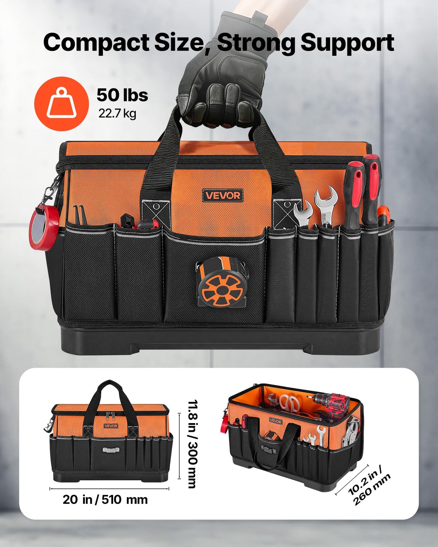 VEVOR Tool Bag, 19.1 Inch, 33-Pocket Portable Large Tool Box Organizer Storage, Toolbox with Water-Resistant Base, Zipper, Adjustable Shoulder Strap Toolbag, for Men Women Dad Husband Fathers Day