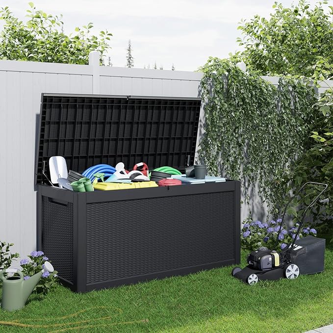 320 Gallon Outdoor Deck Box, Lockable Waterproof Outdoor Storage Boxes For Garden Tools,Indoor Cushions,Accessories Outside Storage Resin Weatherproof Container(Black)