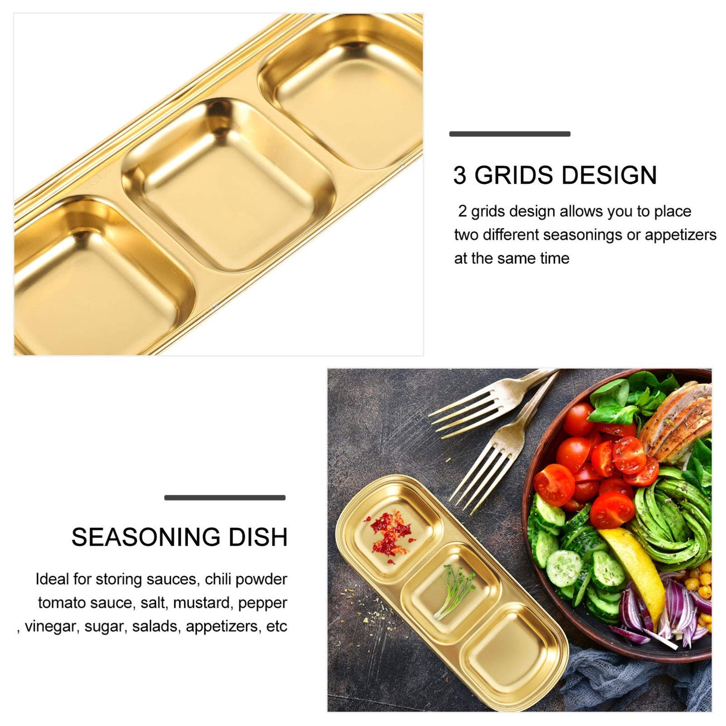 OUNONA Three Grid Seasoning Dish 2-Pack 8.07X3.14X0.78 Inch Stainless Steel Sauce Tray for Serving Dipping Sauces Appetizers and Condiments in Kitchen Restaurant Catering