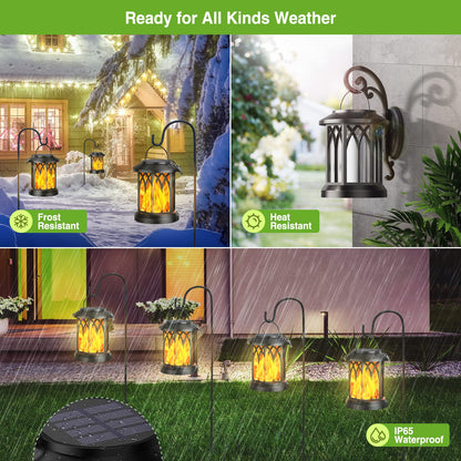 KOOPER Solar Lights Outdoor Garden, 2 Pack Hanging Solar Lanterns with Realistic Flickering Flame LED, Waterproof Flame Effect Garden Ornaments for Pathway Patio Decoration