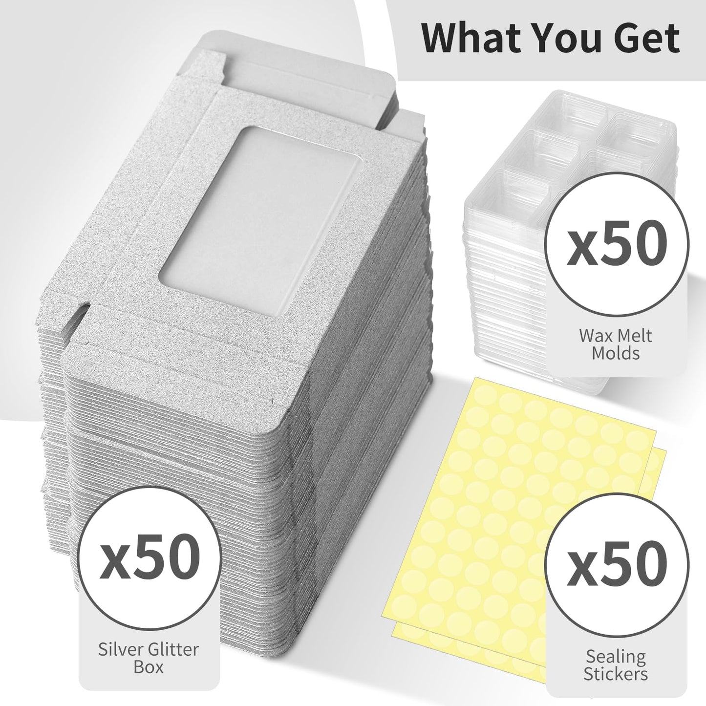 50 Pcs Silver Glitter Gift Boxes for Wax Melts 6 Cavity Plastic Wax Melt Molds with Box Crystal Wax Melts Containers Boxes Wax Melt Cube Trays for Wrapping Gifts Wax Cubes Wax Tarts Wax Block